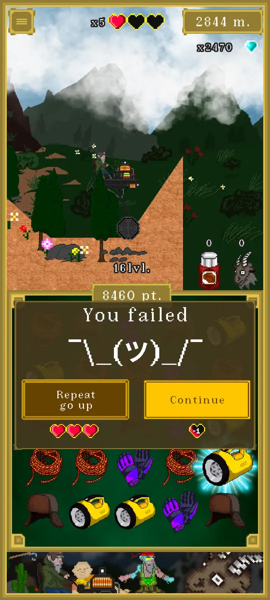 The failed challenge screen with “Repeat go up” and “Continue” buttons