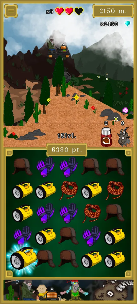Game screen: the mountain with the hero and the match-3 board